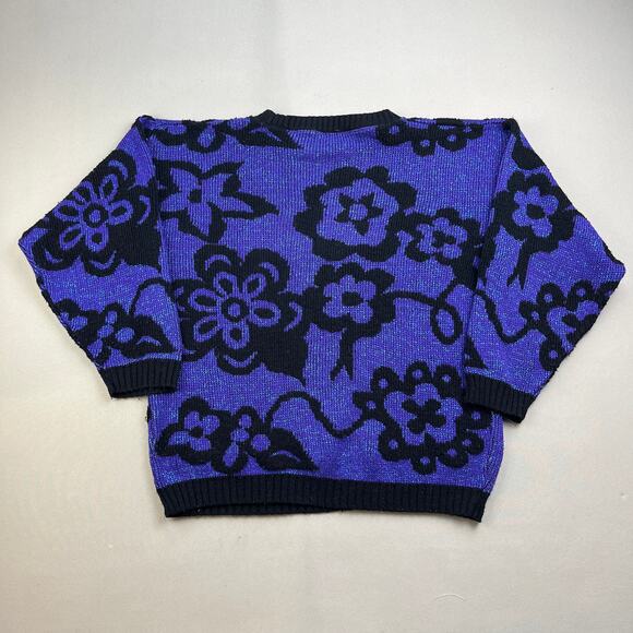Vintage Flower Art Sweater Adult Small Purple Black Knit Floral Hippie Abstract - Picture 4 of 9
